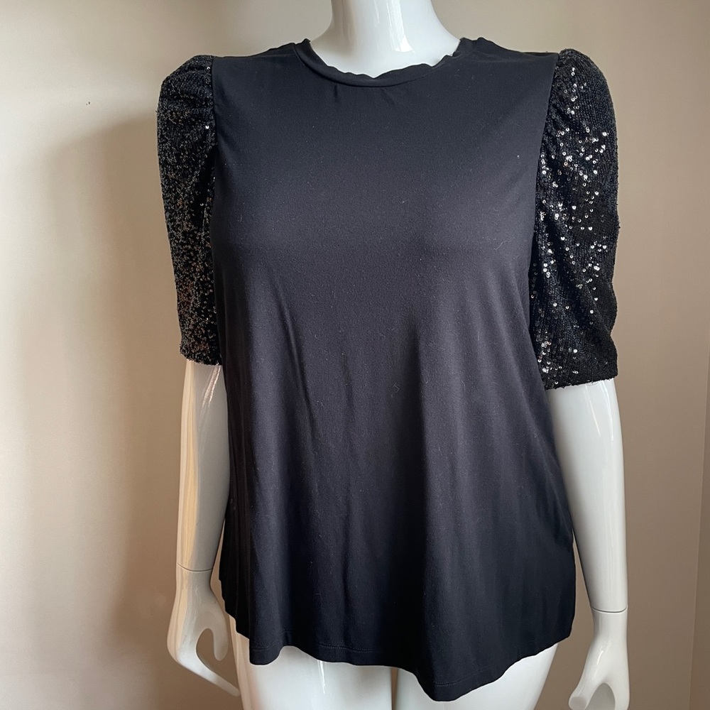 Rachel Zoe Black Tee with Sequin Puff Sleeve, Size 2X